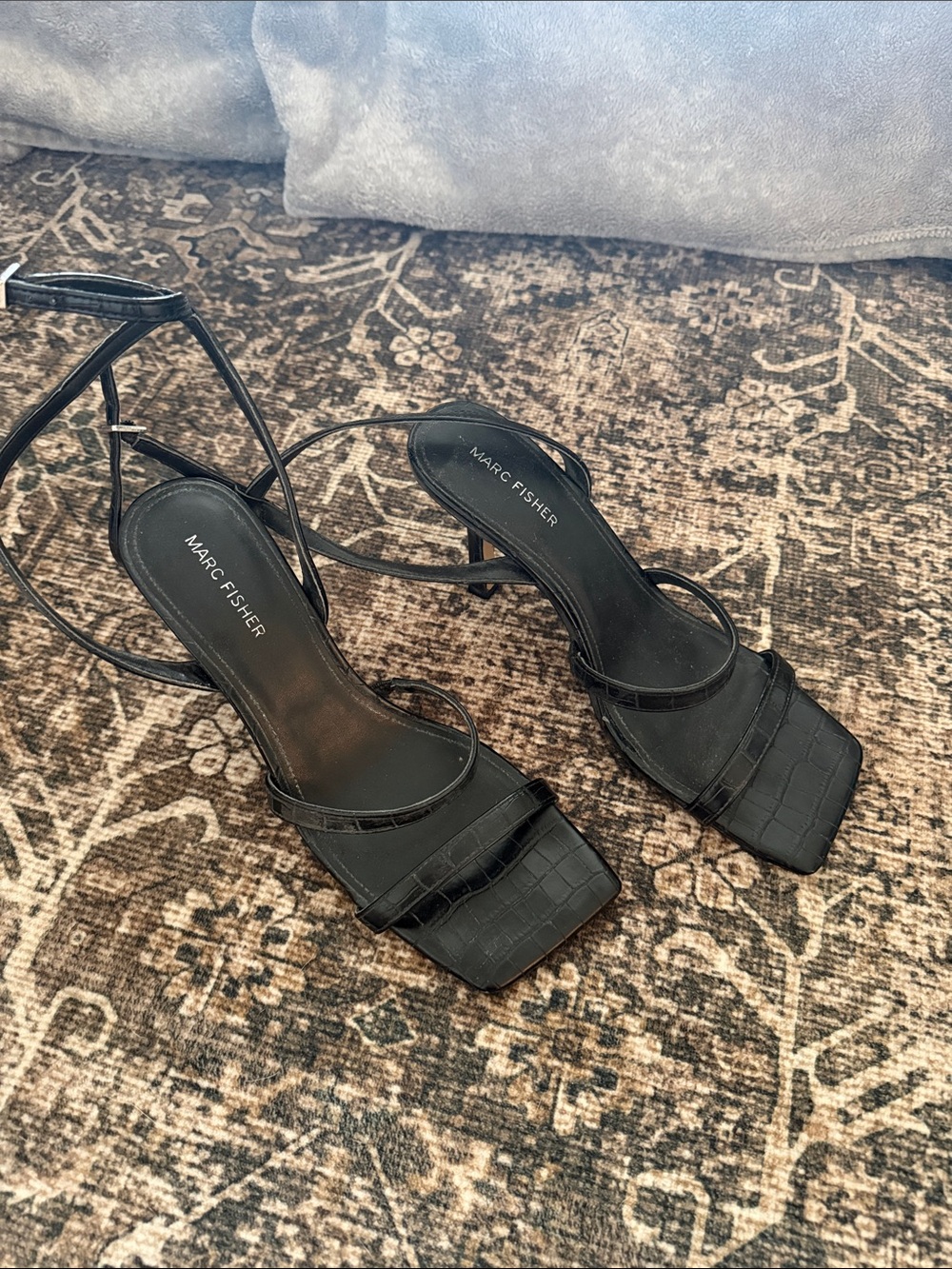 Marc Fisher Black Croc-Embossed Square-Toe Strappy Heels - Picture 3 of 3